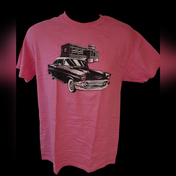 Gildan Tops - 57 Chevy Car In Front Of Diner Ladies Short Sleeve T-shirt Size L